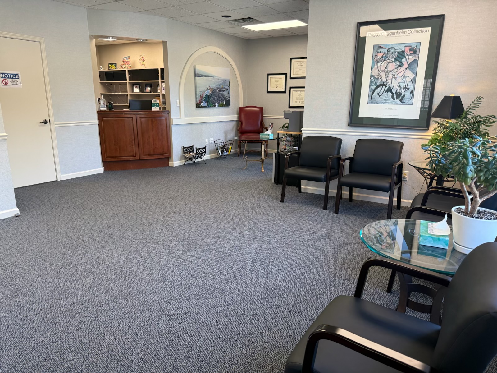 Reception desk and treatment room entrance at Dr. Nigel Morgan's dental practice in downtown Hendersonville, NC